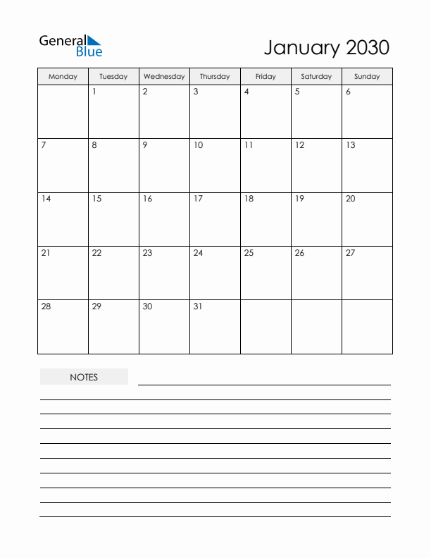 Printable Calendar with Notes - January 2030 