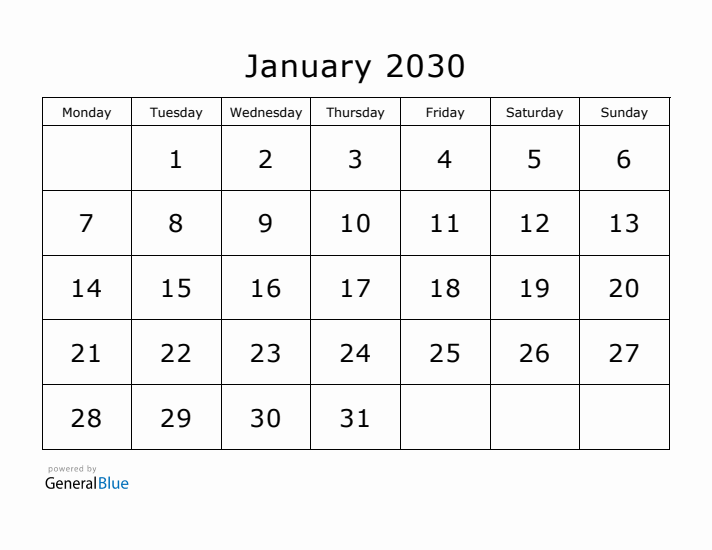 Printable January 2030 Calendar - Monday Start