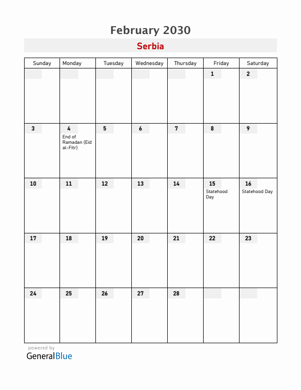 Serbia February 2030 Calendar with Holidays