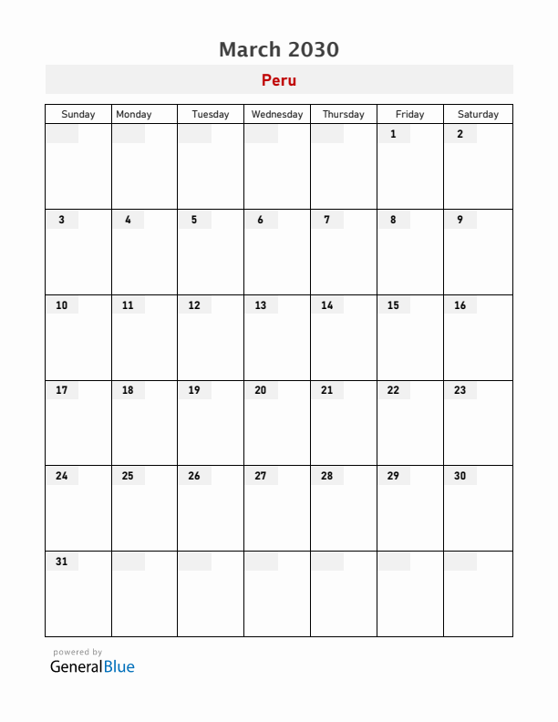 Peru March 2030 Calendar with Holidays