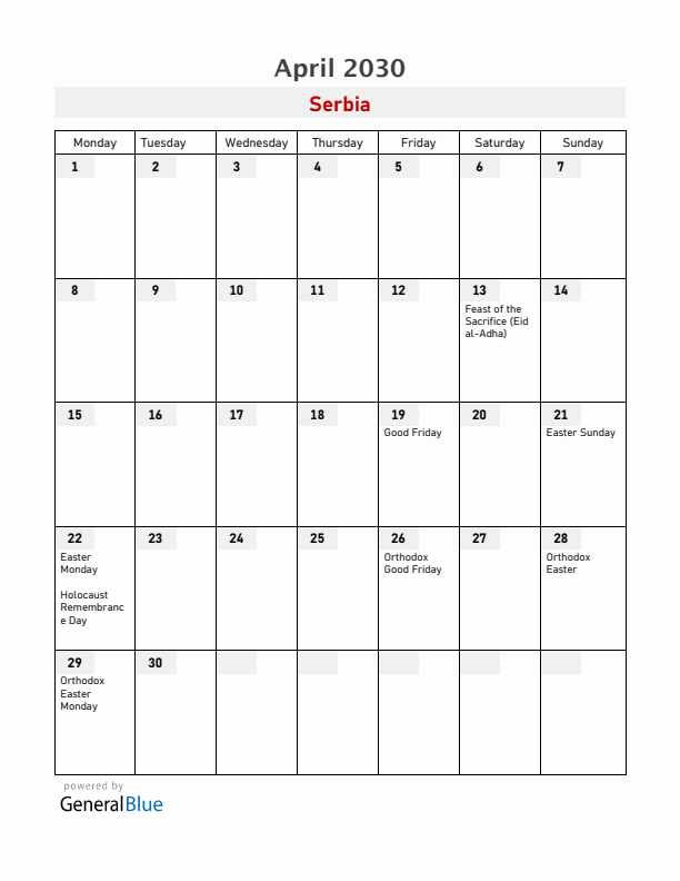 Serbia April 2030 Calendar with Holidays