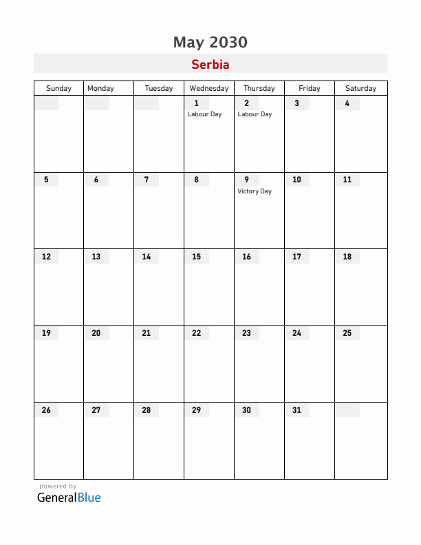 Serbia May 2030 Calendar with Holidays