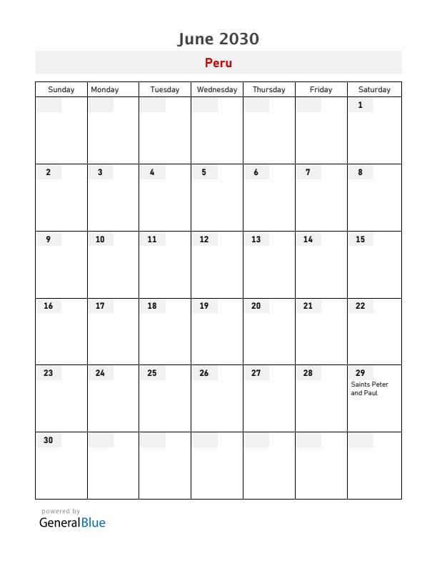 Peru June 2030 Calendar with Holidays