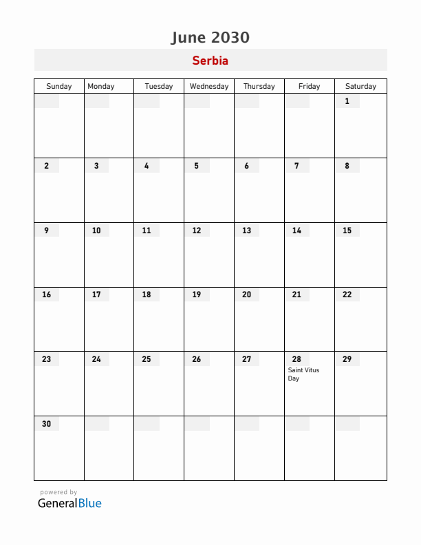Serbia June 2030 Calendar with Holidays