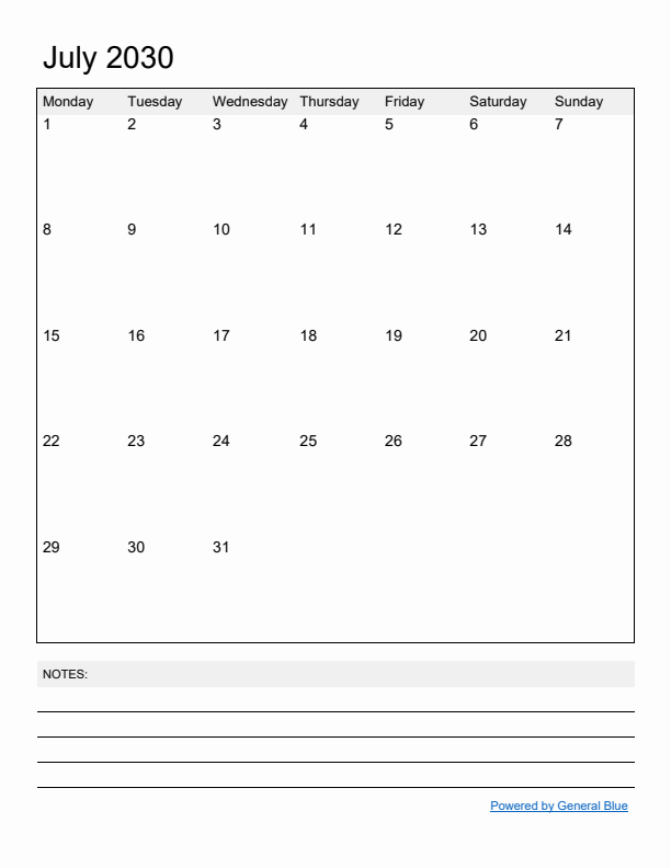 Basic Monthly Calendar Template for July 2030