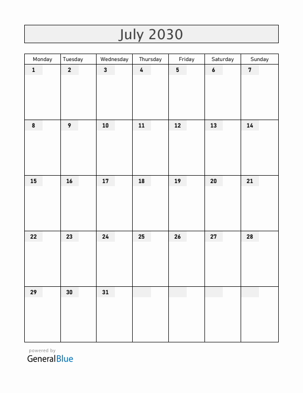 Blank July 2030 Calendar