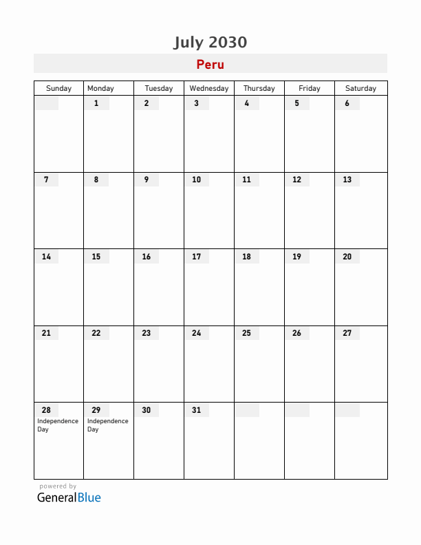 Peru July 2030 Calendar with Holidays