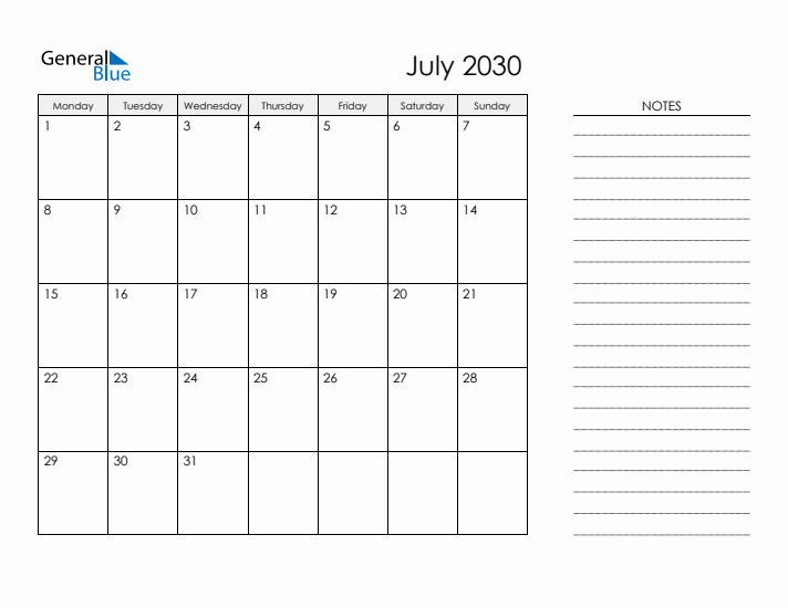 Printable Monthly Calendar with Notes - July 2030