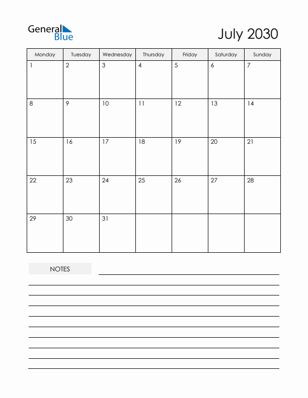 Printable Calendar with Notes - July 2030