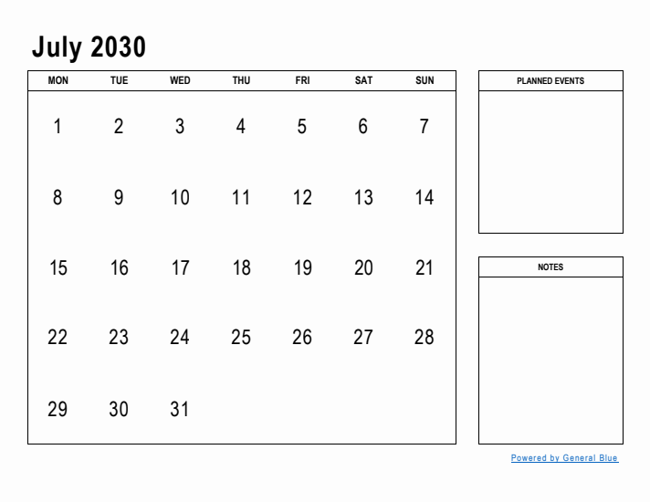 July 2030 Calendar Planner
