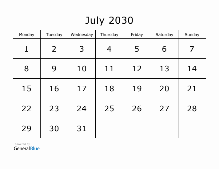 Printable July 2030 Calendar - Monday Start