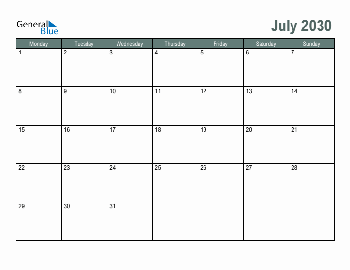 Free Printable July 2030 Calendar