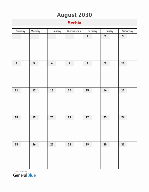 Serbia August 2030 Calendar with Holidays