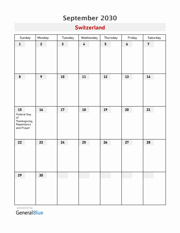 Switzerland September 2030 Calendar with Holidays