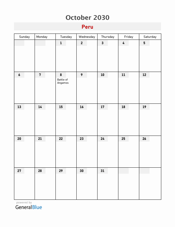 Peru October 2030 Calendar with Holidays