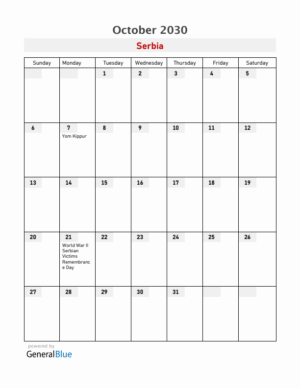 Serbia October 2030 Calendar with Holidays