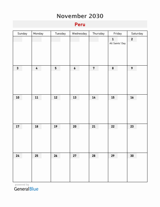 Peru November 2030 Calendar with Holidays