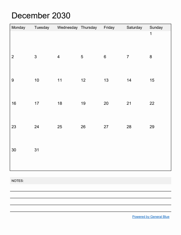 Basic Monthly Calendar Template for December 2030