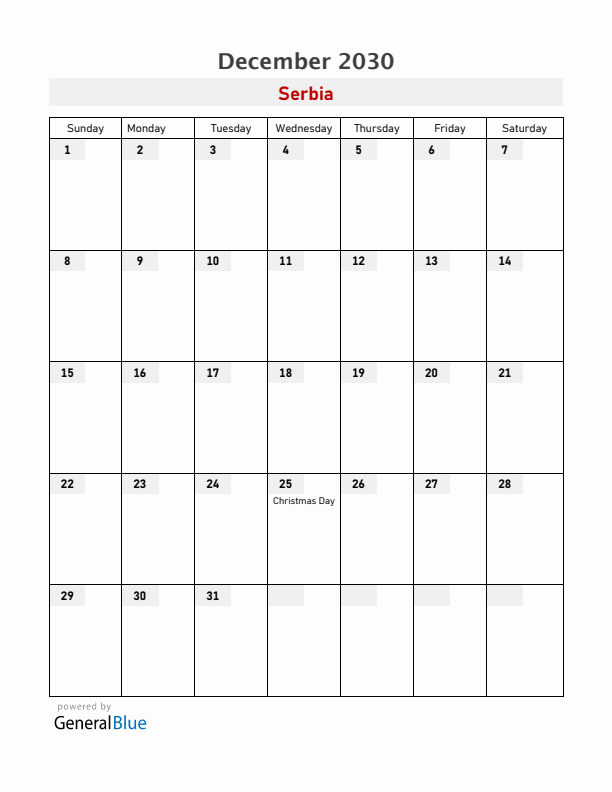 Serbia December 2030 Calendar with Holidays