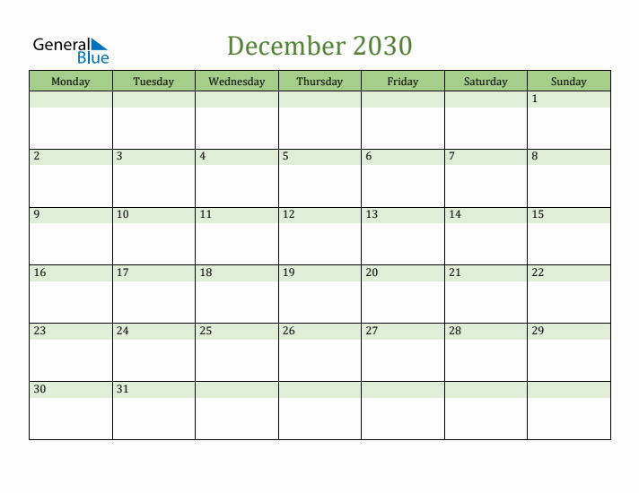 December 2030 Calendar with Monday Start