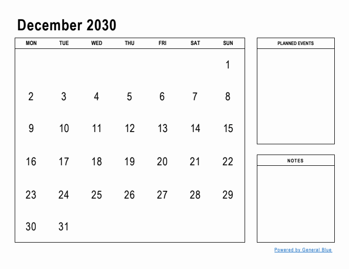 December 2030 Calendar Planner