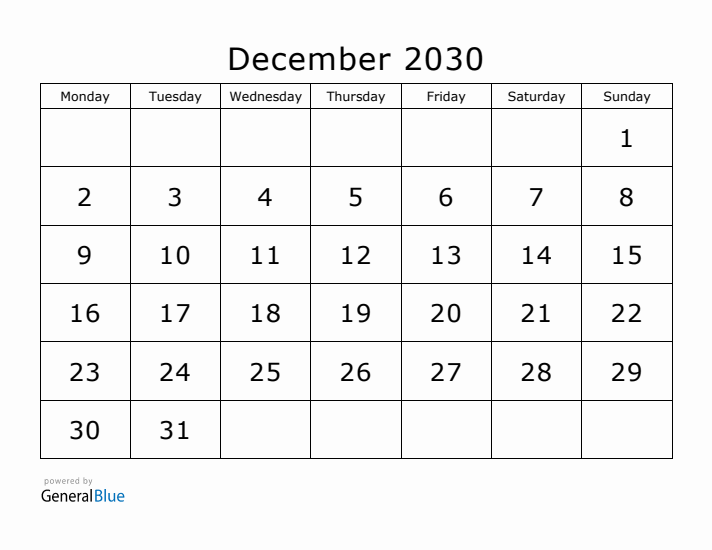 Printable December 2030 Calendar - Monday Start