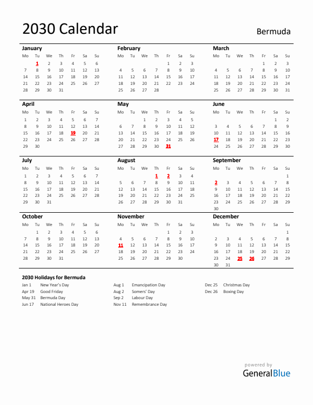 Standard Holiday Calendar for 2030 with Bermuda Holidays