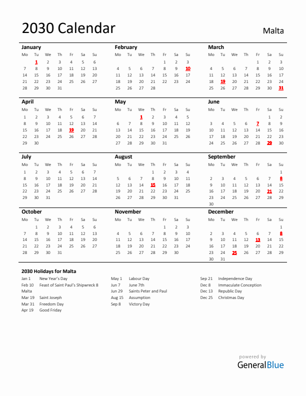 Standard Holiday Calendar for 2030 with Malta Holidays