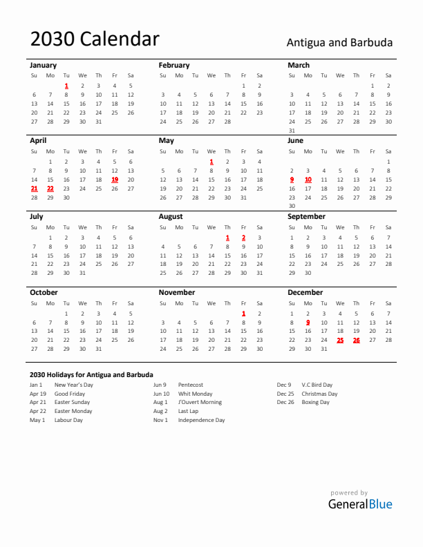 Standard Holiday Calendar for 2030 with Antigua and Barbuda Holidays