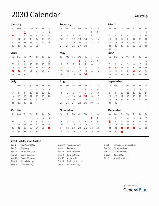 Standard Holiday Calendar for 2030 with Austria Holidays