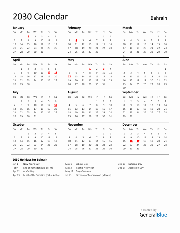 Standard Holiday Calendar for 2030 with Bahrain Holidays