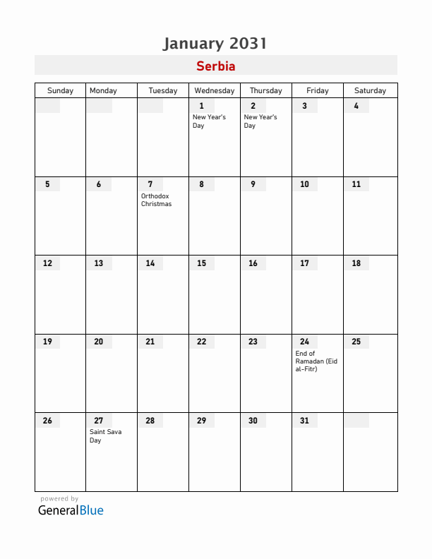 Serbia January 2031 Calendar with Holidays