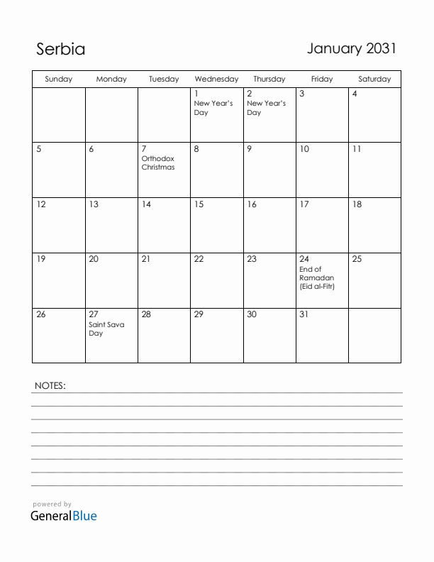 January 2031 Serbia Calendar with Holidays (Sunday Start)