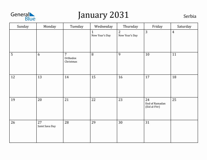 January 2031 Calendar Serbia