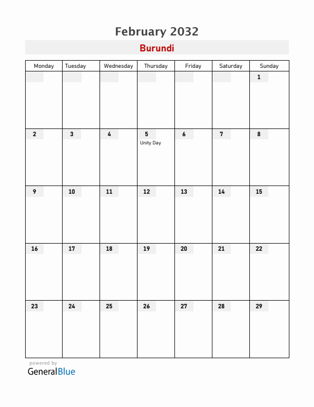 Burundi February 2032 Calendar with Holidays