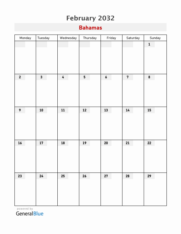 Bahamas February 2032 Calendar with Holidays