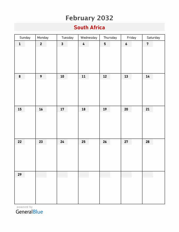 South Africa February 2032 Calendar with Holidays