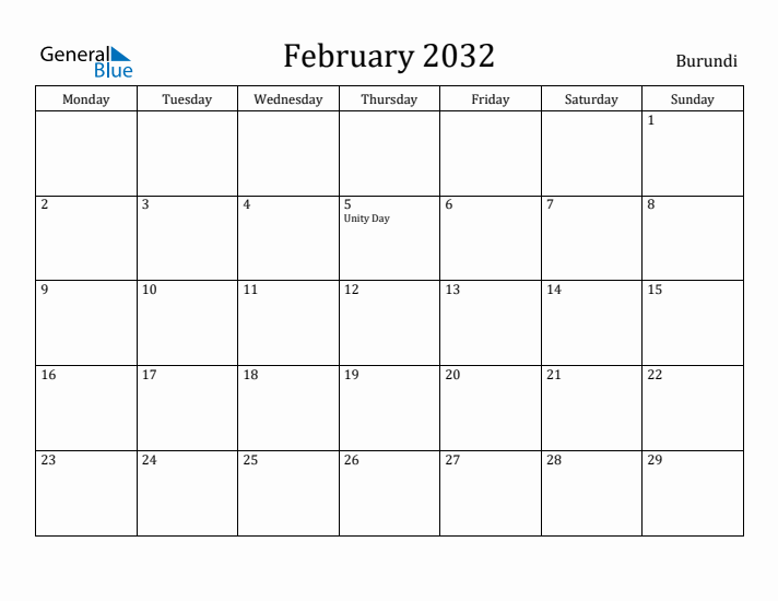 February 2032 Calendar Burundi
