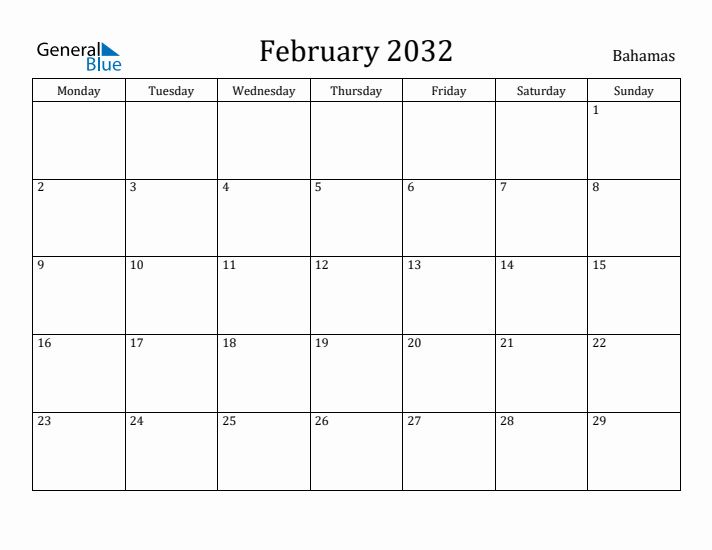February 2032 Calendar Bahamas