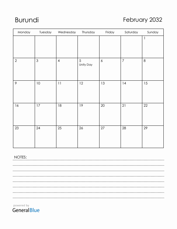 February 2032 Burundi Calendar with Holidays (Monday Start)