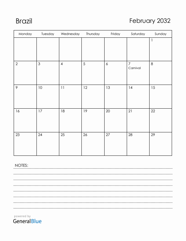 February 2032 Brazil Calendar with Holidays (Monday Start)