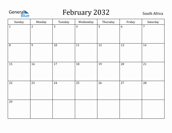 February 2032 Calendar South Africa