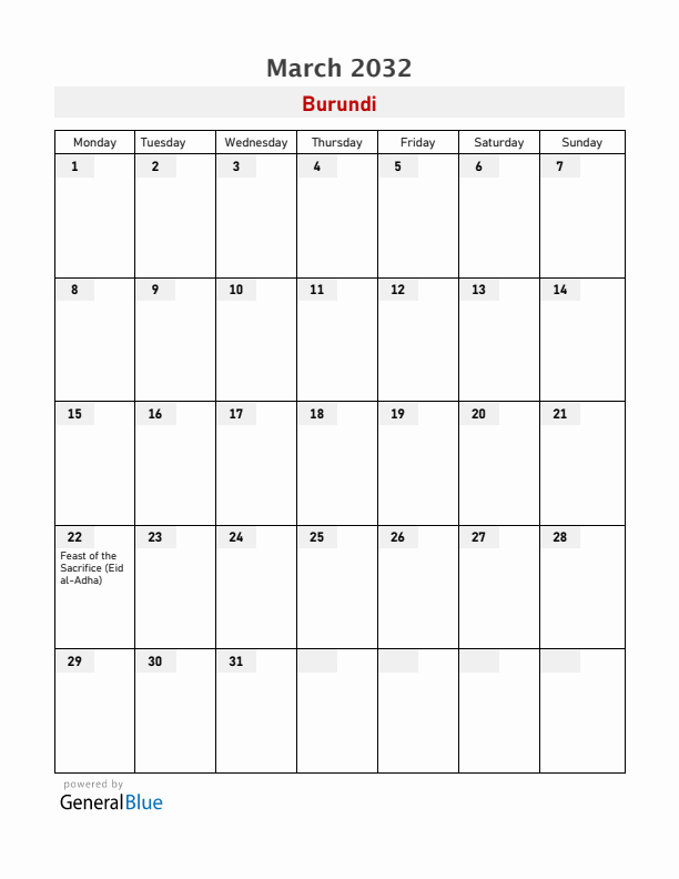 Burundi March 2032 Calendar with Holidays