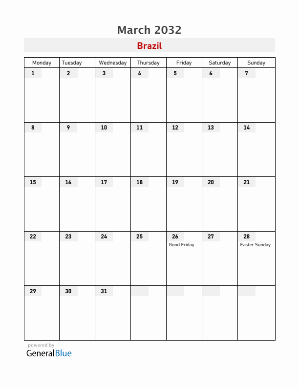 Brazil March 2032 Calendar with Holidays