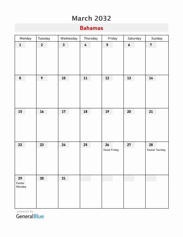Bahamas March 2032 Calendar with Holidays