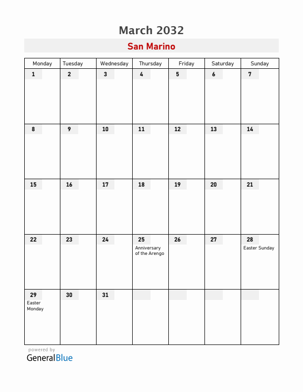 San Marino March 2032 Calendar with Holidays