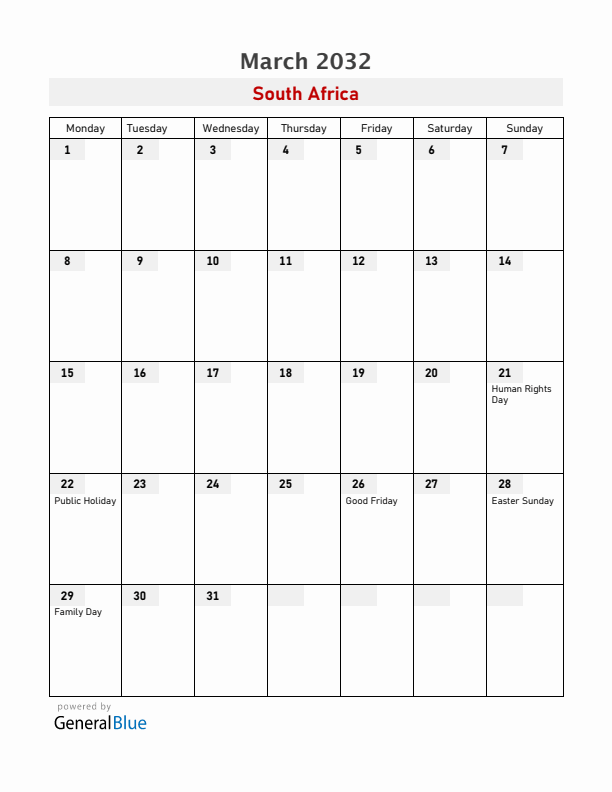 South Africa March 2032 Calendar with Holidays