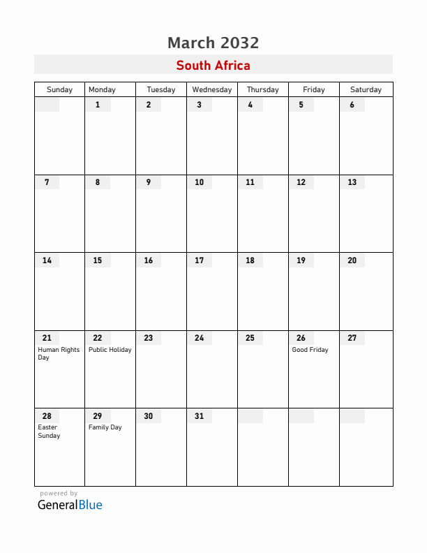 South Africa March 2032 Calendar with Holidays