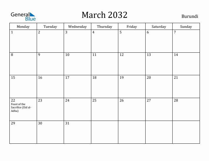 March 2032 Calendar Burundi
