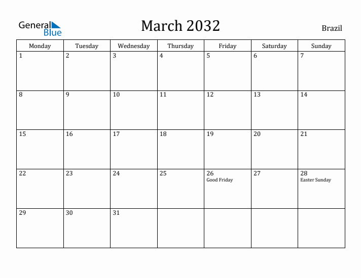 March 2032 Calendar Brazil